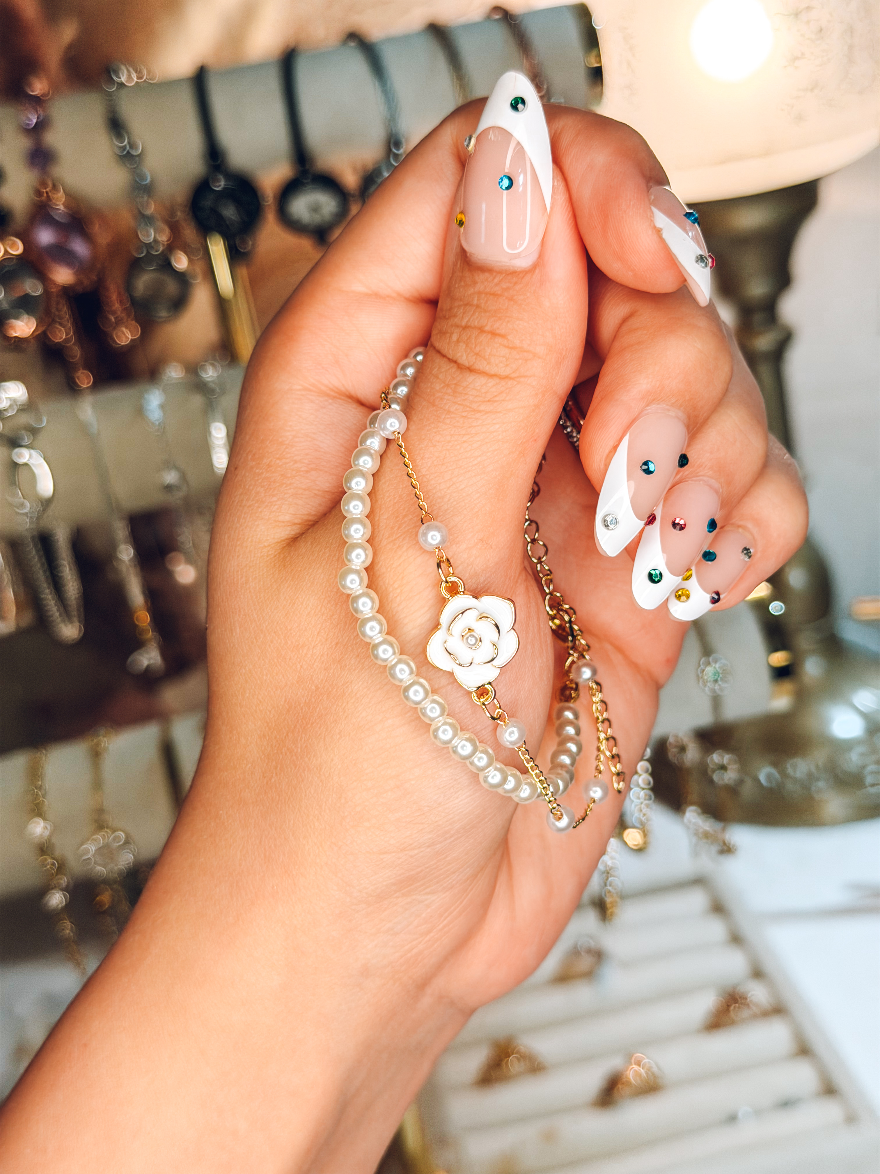 Gold White Rose Pearl Bracelet