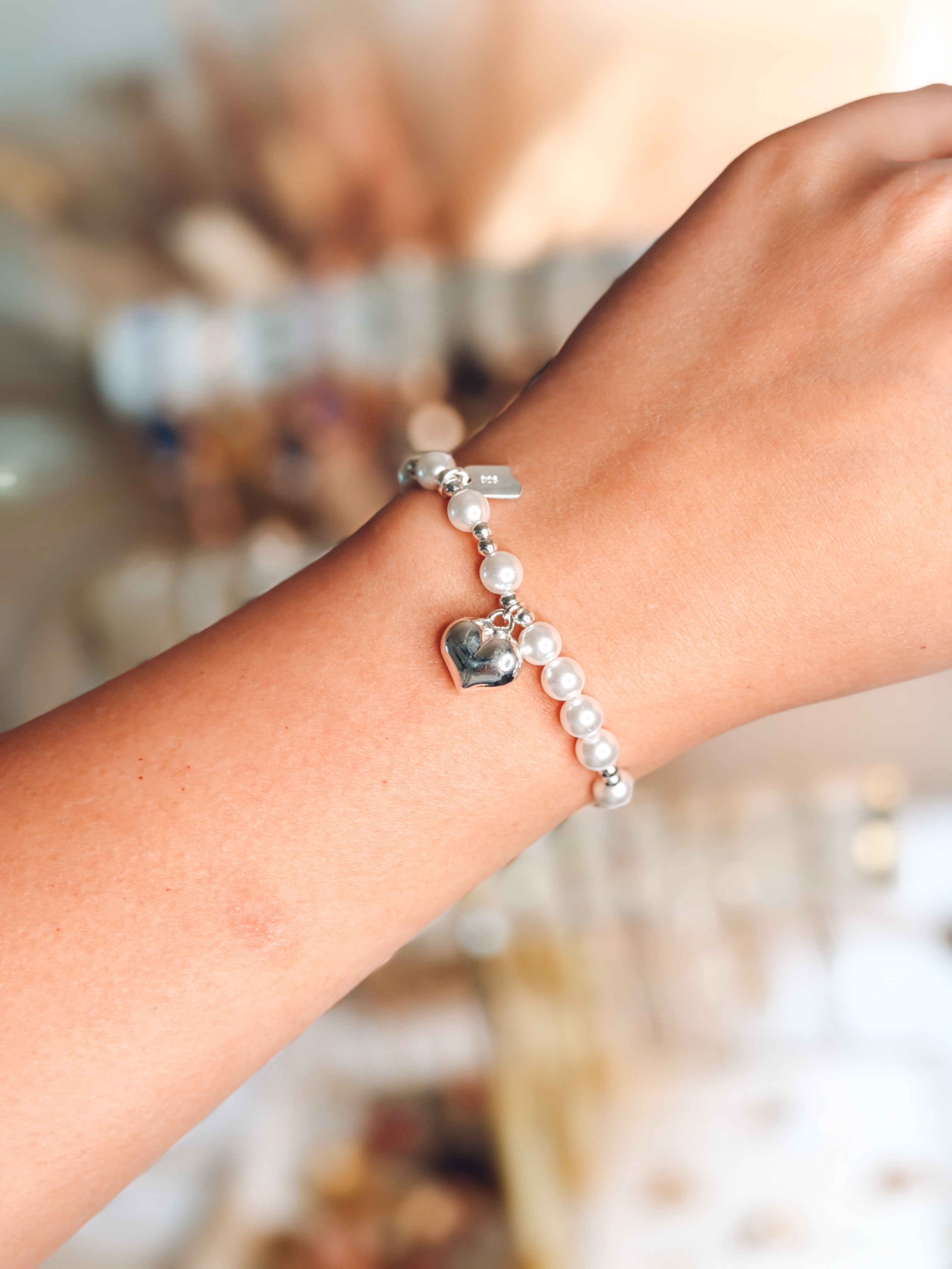 Silver Heart Pearl Charm Stretchy Bracelet