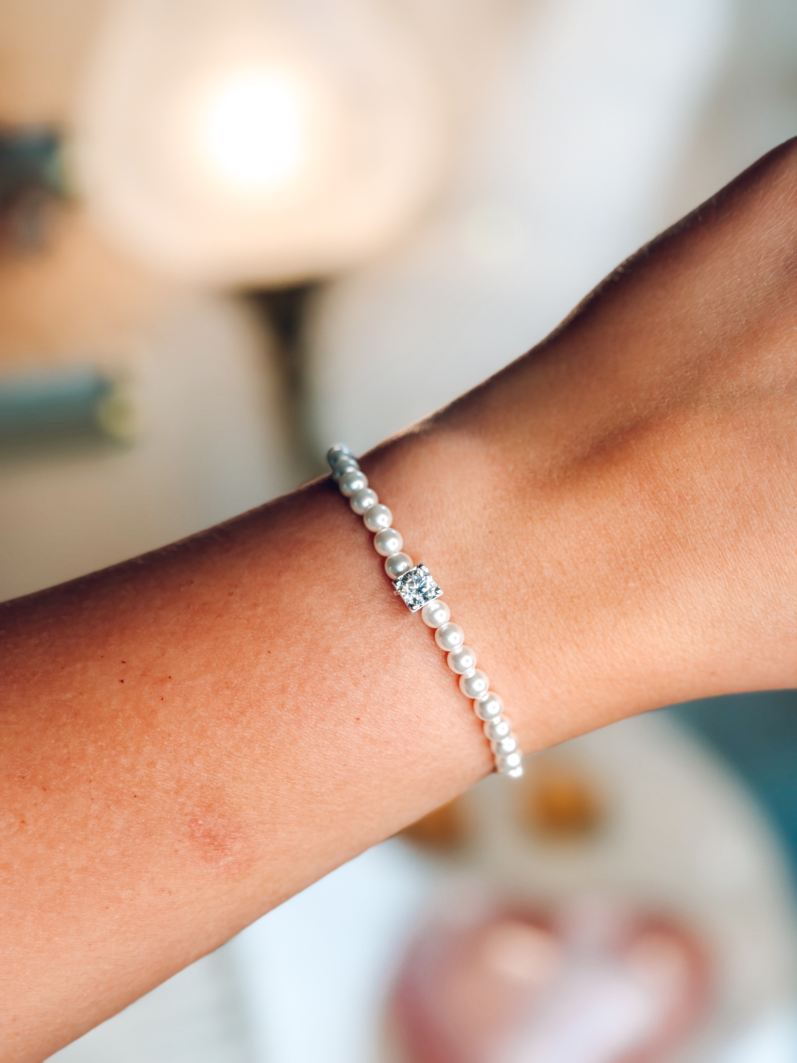 Diamond Charm Pearl Stretchy Bracelet
