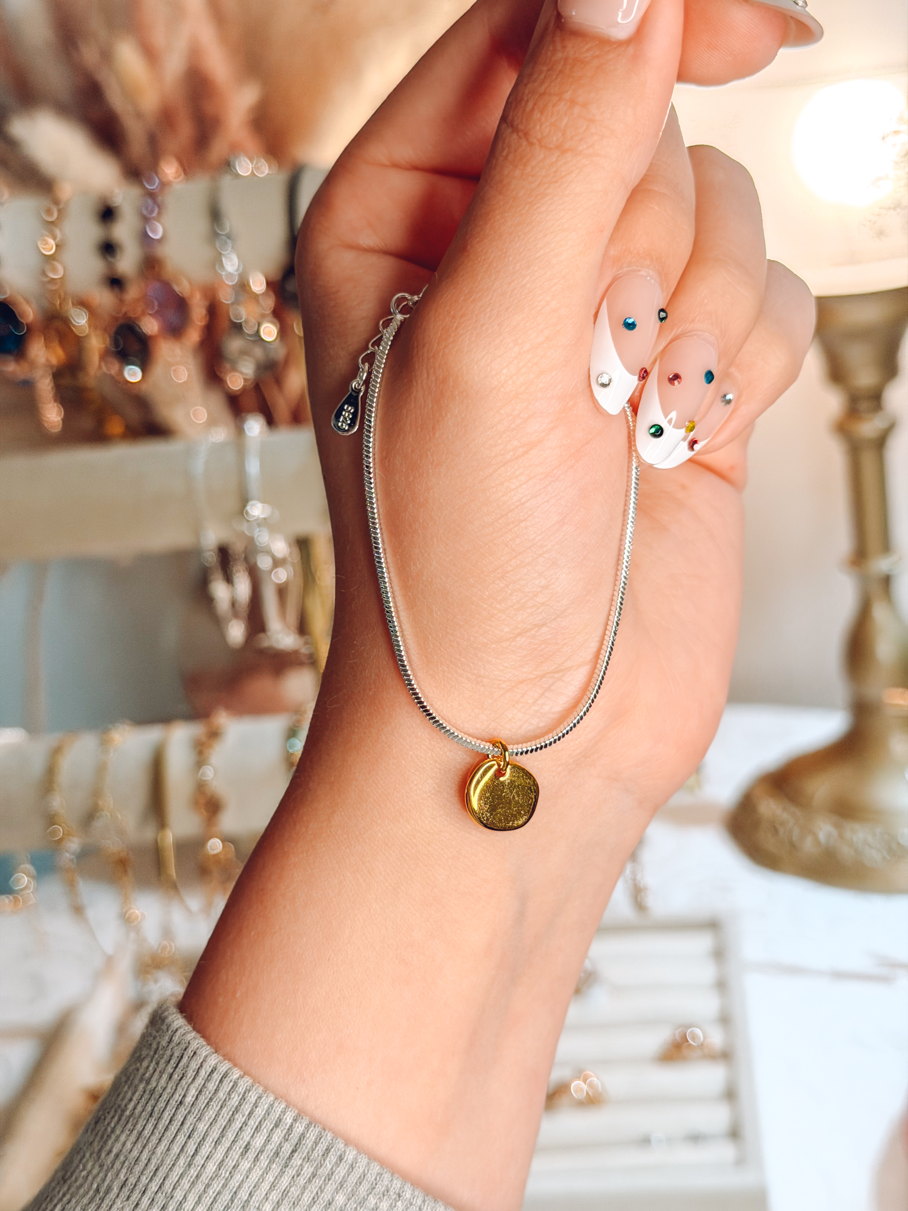 Silver Snake Chain Gold Charm Bracelet