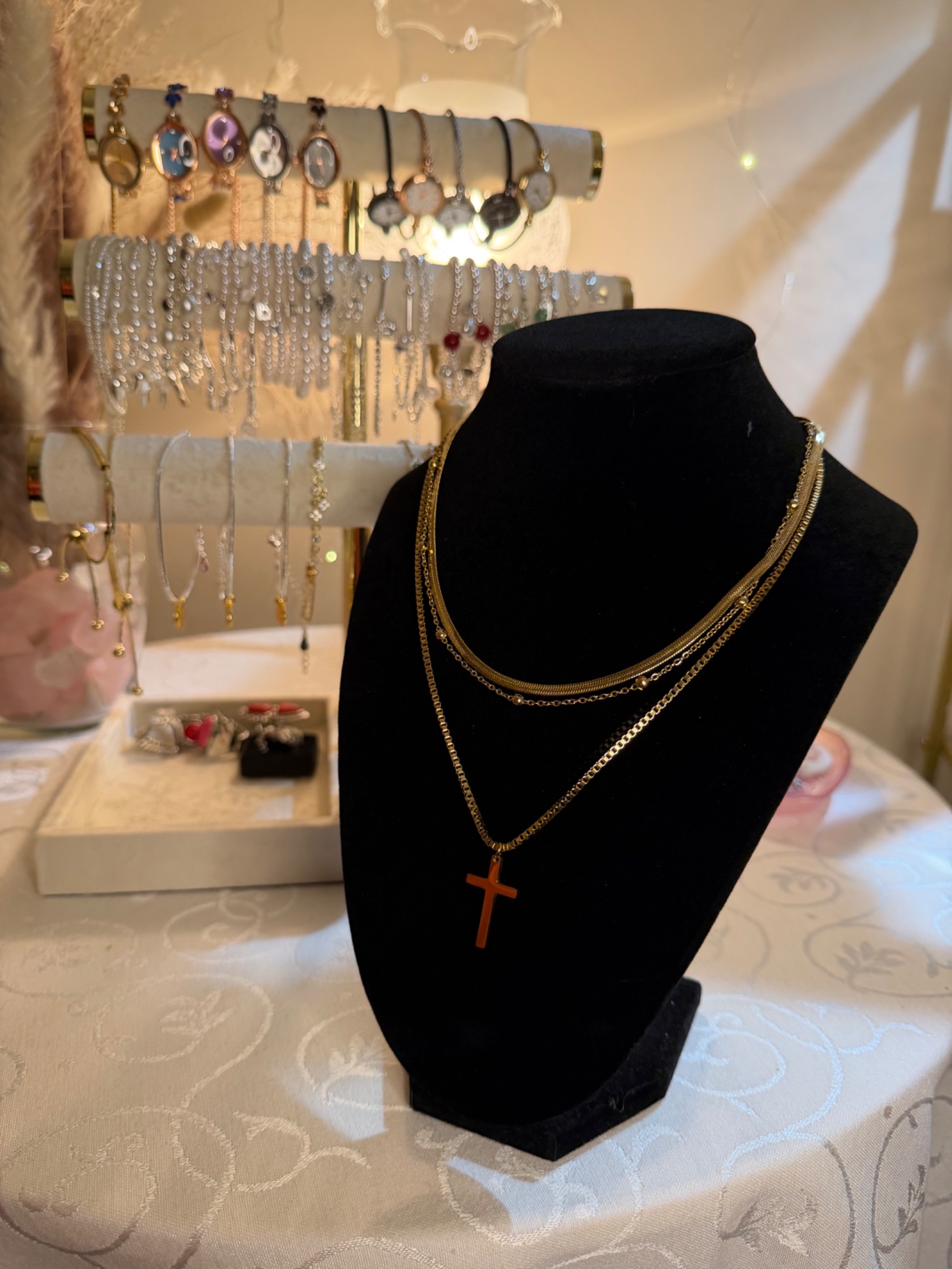 Gold Cross Triple Chain Stack