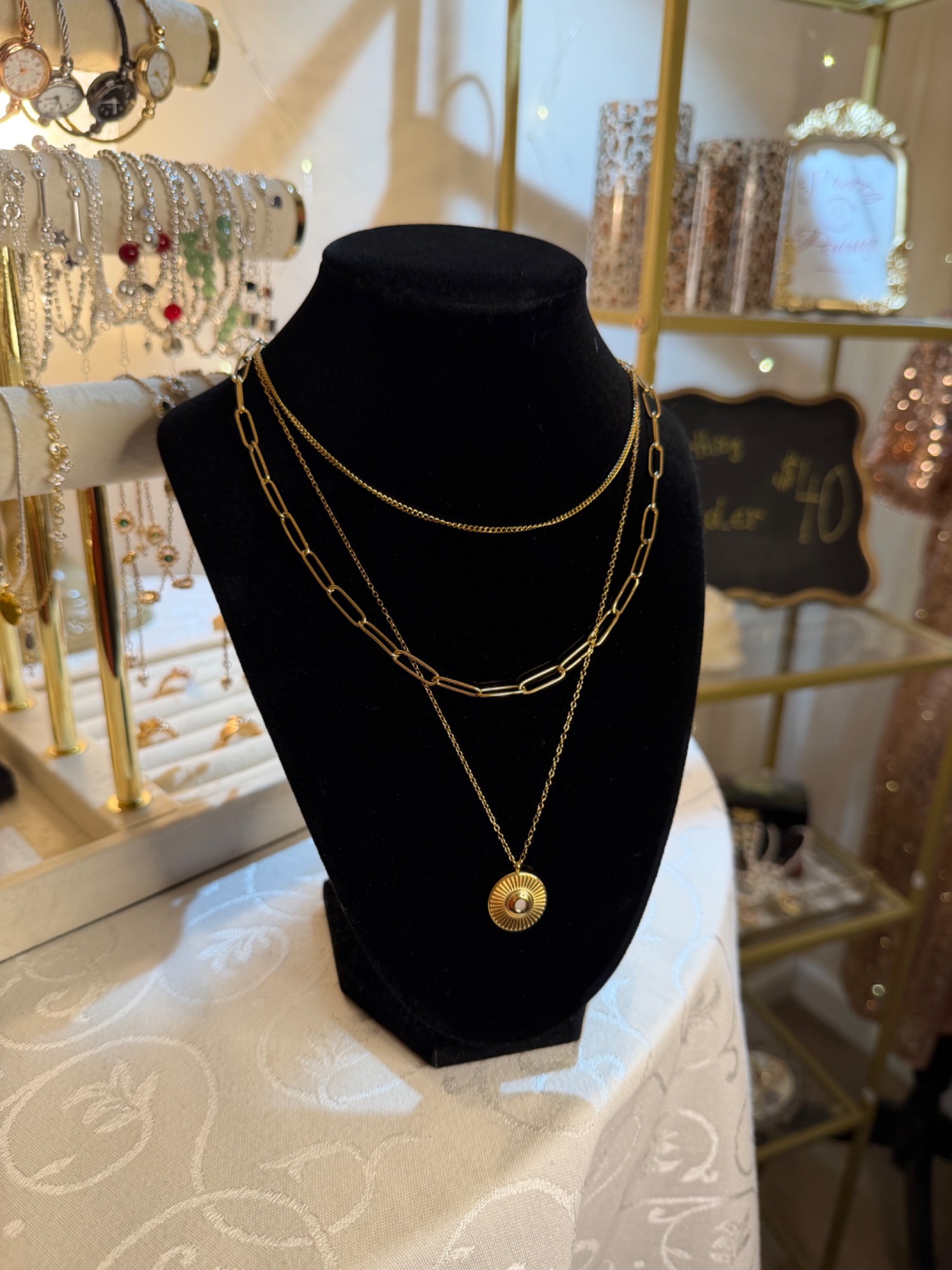Gold White Stone Triple Chain Stack