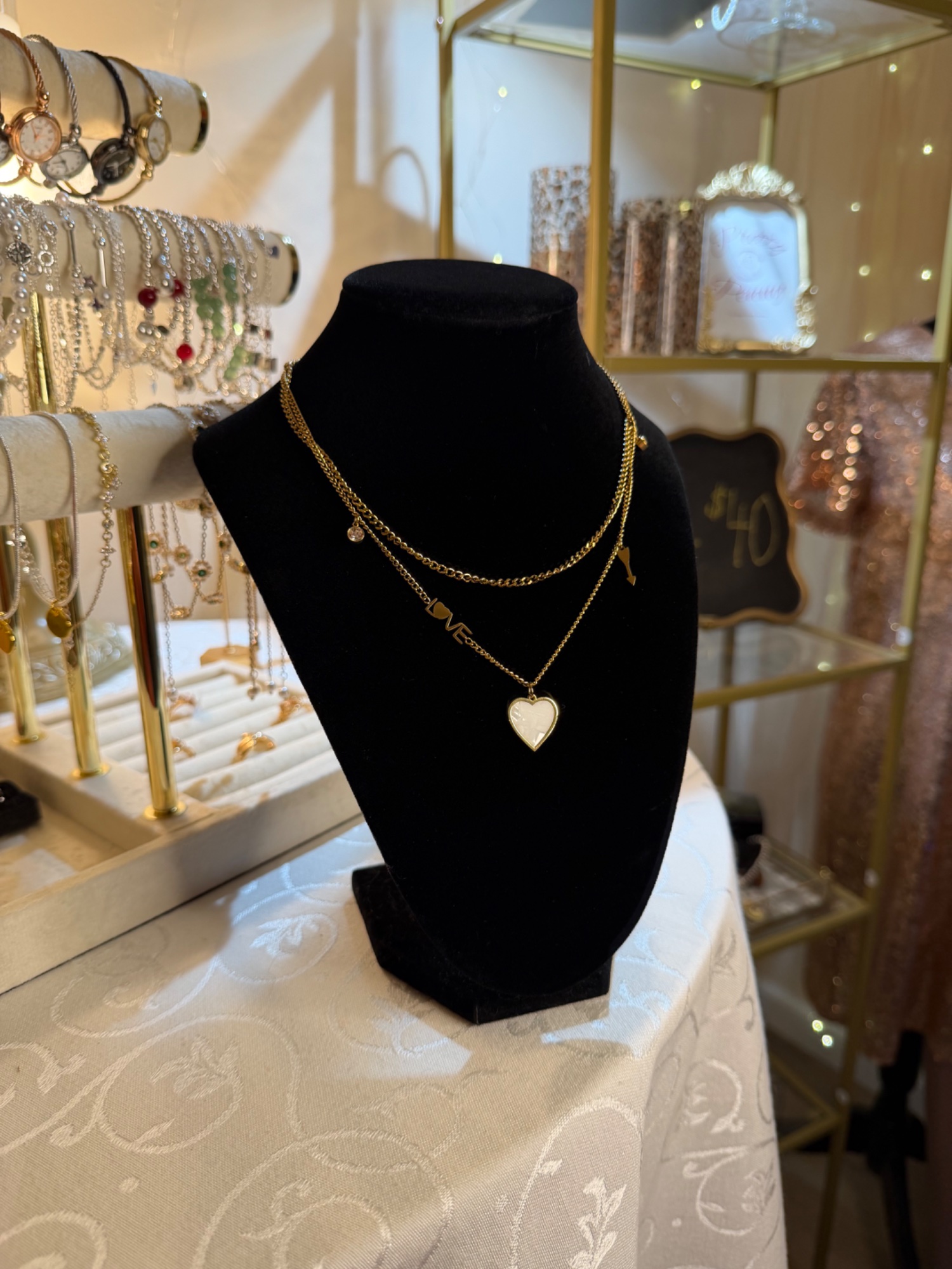 White Marble Heart Double Chain Stack