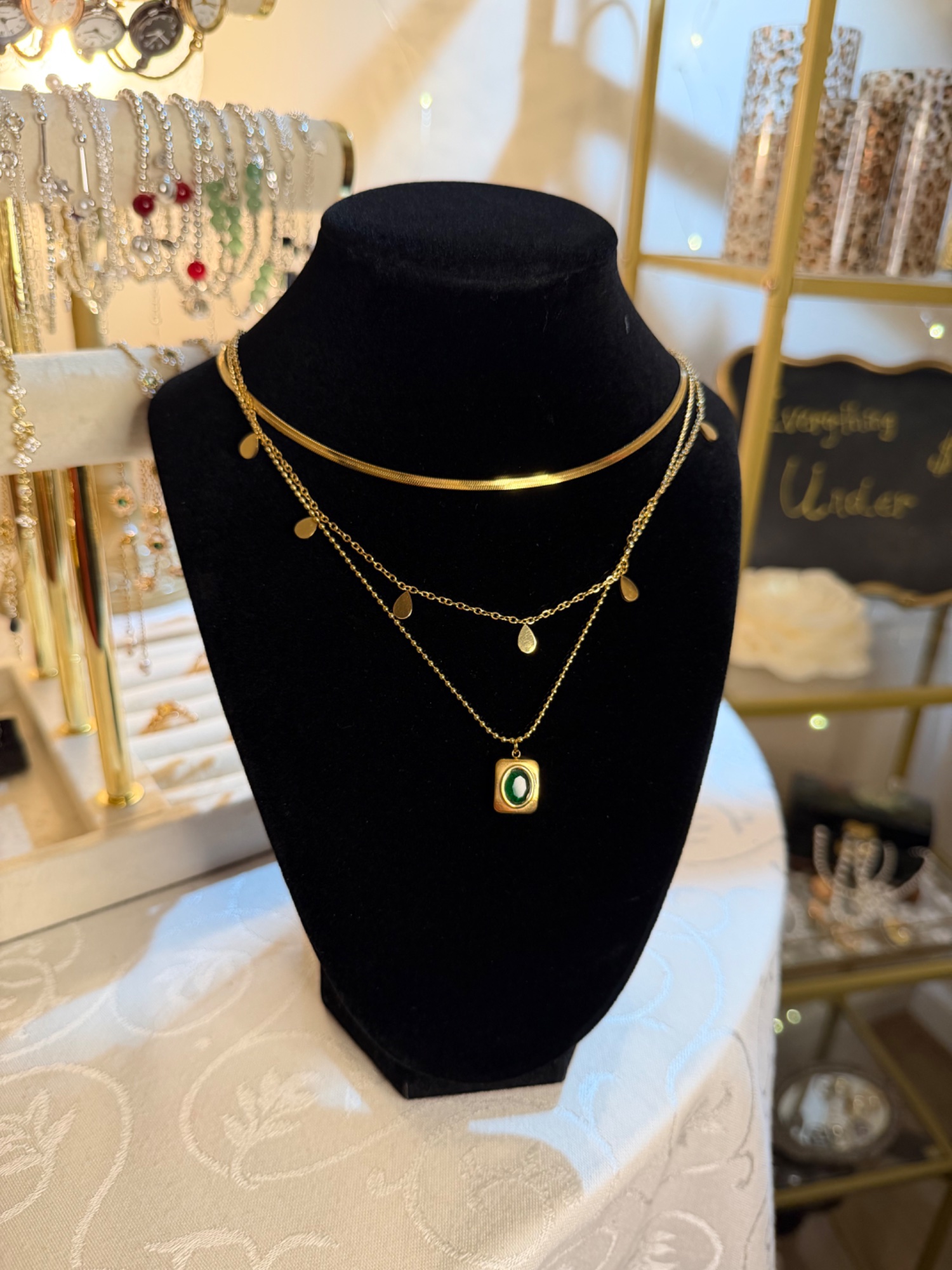 Green Stone Triple Chain Stack